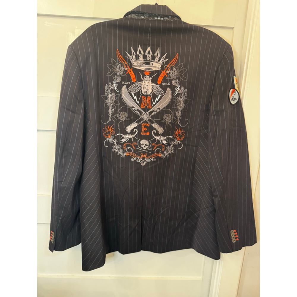 Marc Ecko Cut & Sew Navy Pinstripe Embroidered Crest Blazer Jacket XL Designer